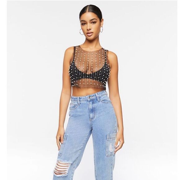 Tops - Sheer Mesh Beaded Black Crop Top NEW Size Medium